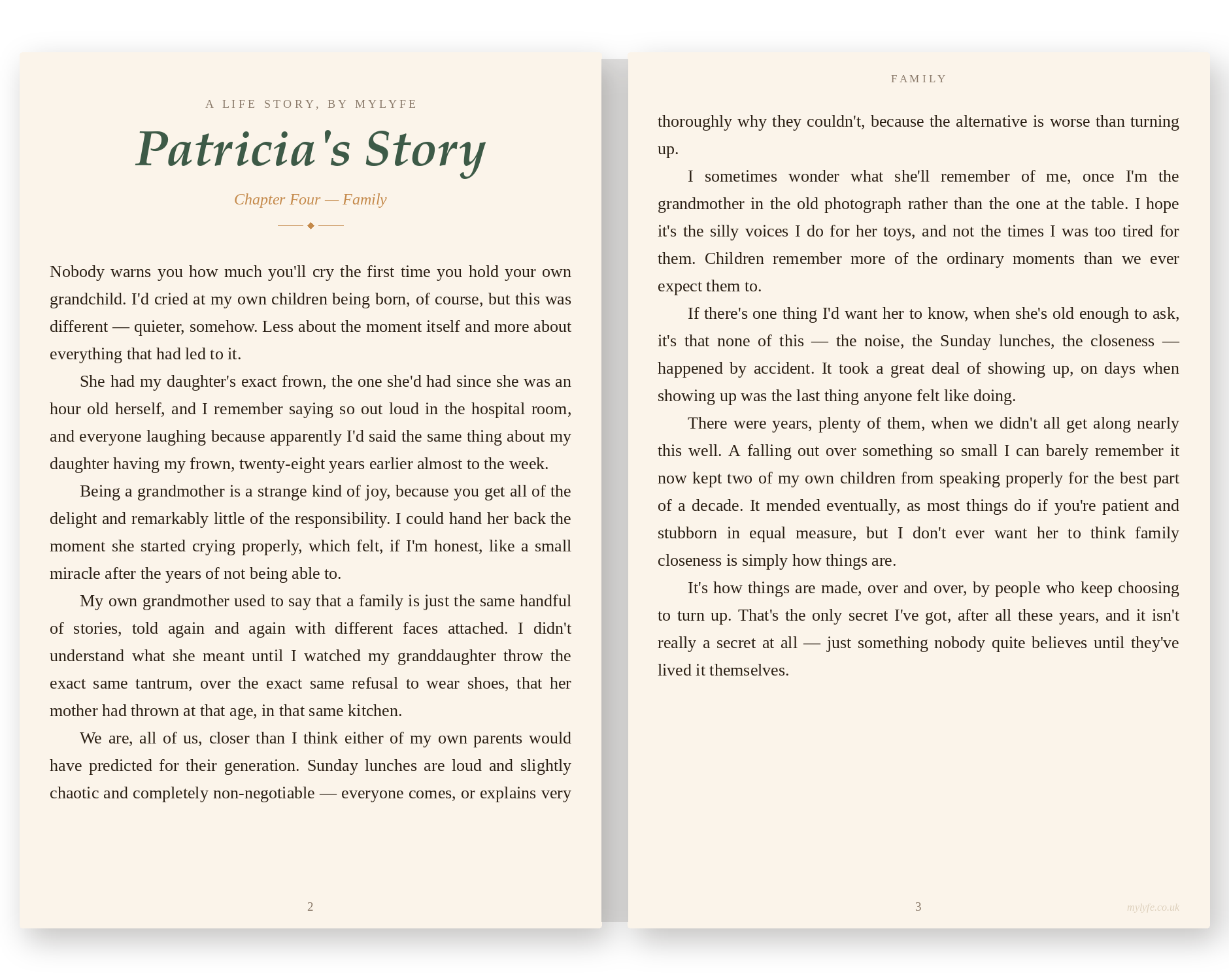 Example memoir chapter — Patricia's Story, Chapter Four, Family