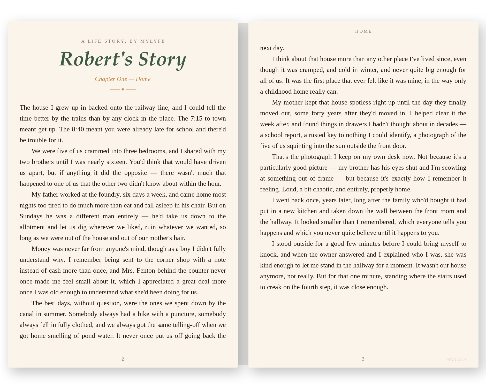 Example memoir chapter — Robert's Story, Chapter One, Home